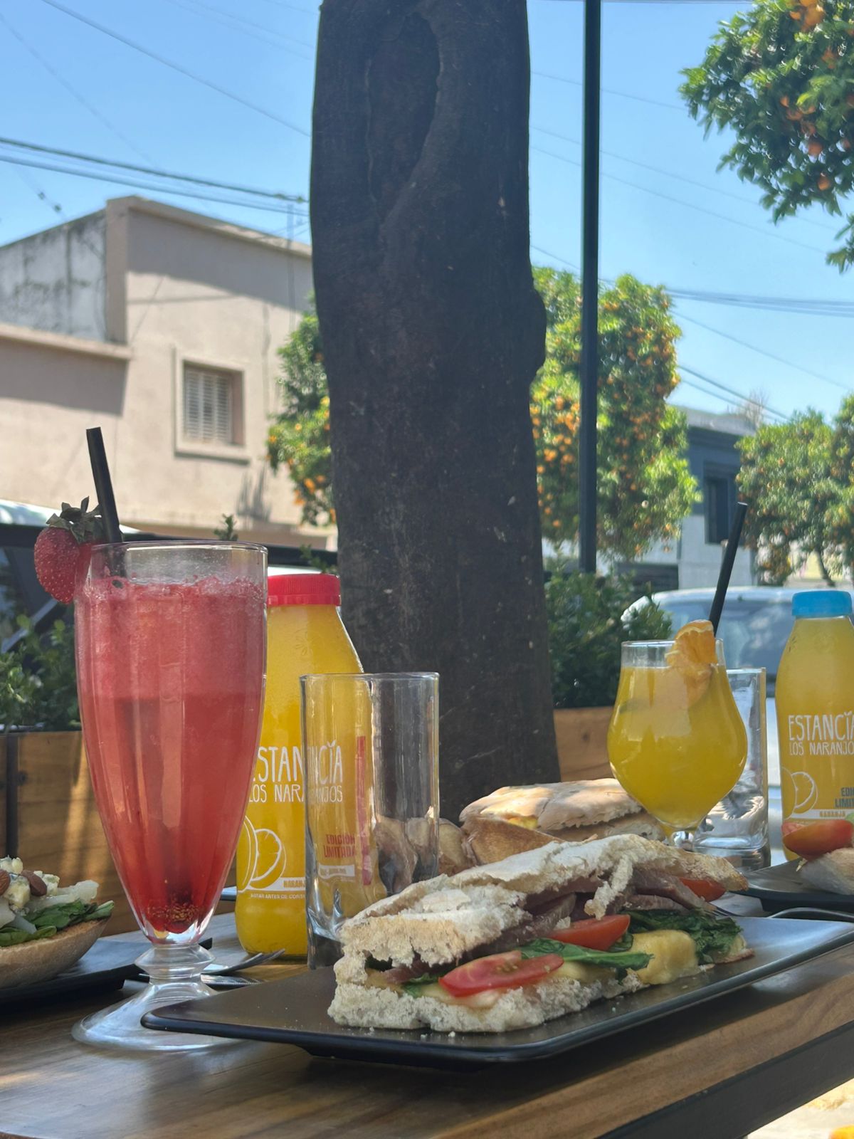 Ciabatta sandwich and cold drinks on an outdoor table