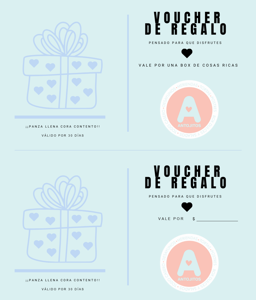 Dos vouchers de regalo de Antojitos: uno por una box de cosas ricas y otro por un valor, válidos por 30 días